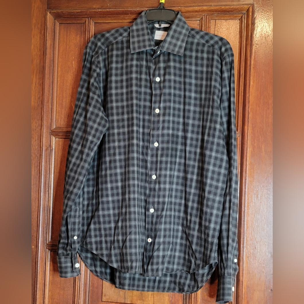 Samuelsohn Men's Black White Plaid Shirt-Made In Italy Size Medium